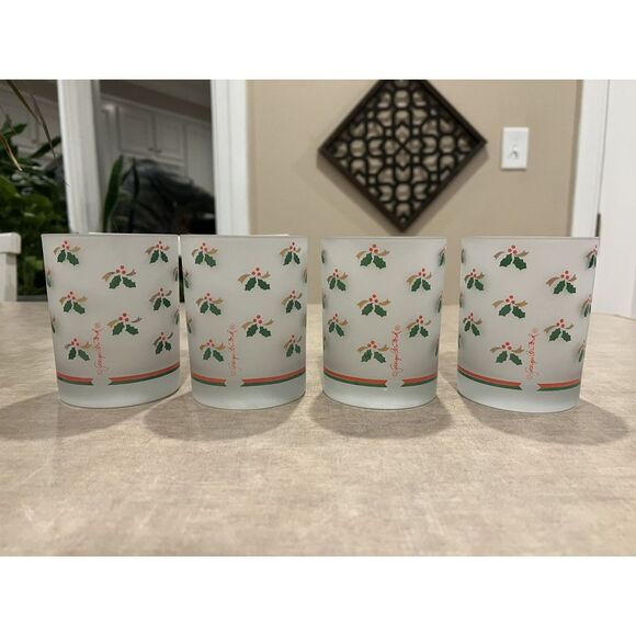 Georges Briard 4 Frosted Christmas Tumblers Old Fashioned Glasses Holly& Berries - Picture 1 of 7